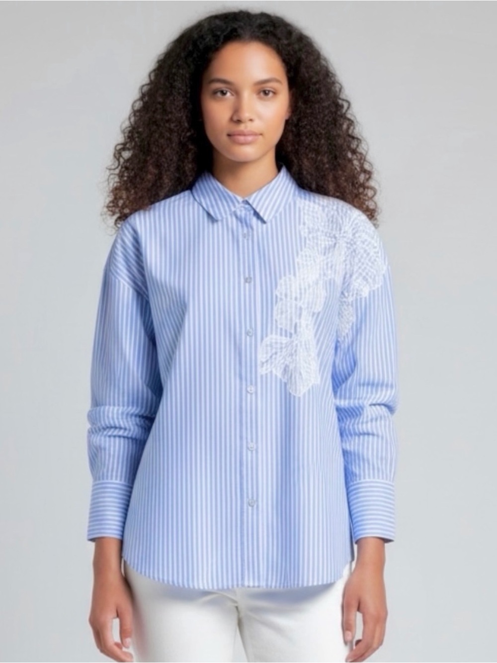 Christian Lacroix Women’s Cotton Lace Blue Stripe Button Down Blouse Shirt Small